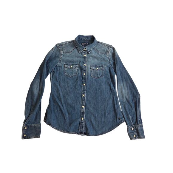 American Eagle Womens Size M Blue Denim Button Up Shirt Long Sleeve Pearl Snap - Picture 1 of 6